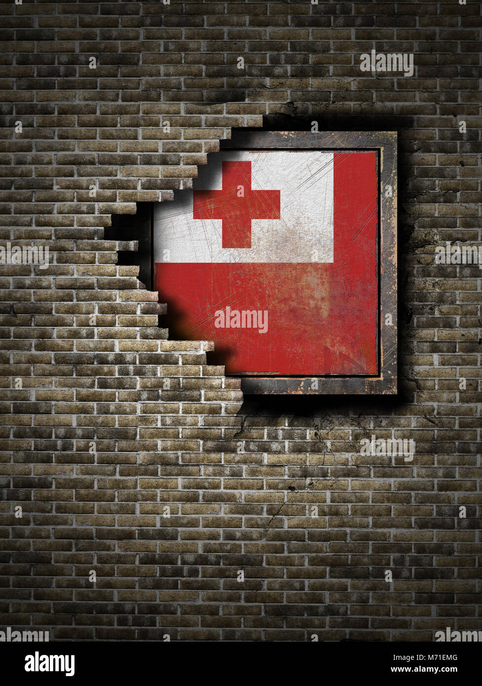 3d rendering of a Tonga flag over a rusty metallic plate embedded on an ...