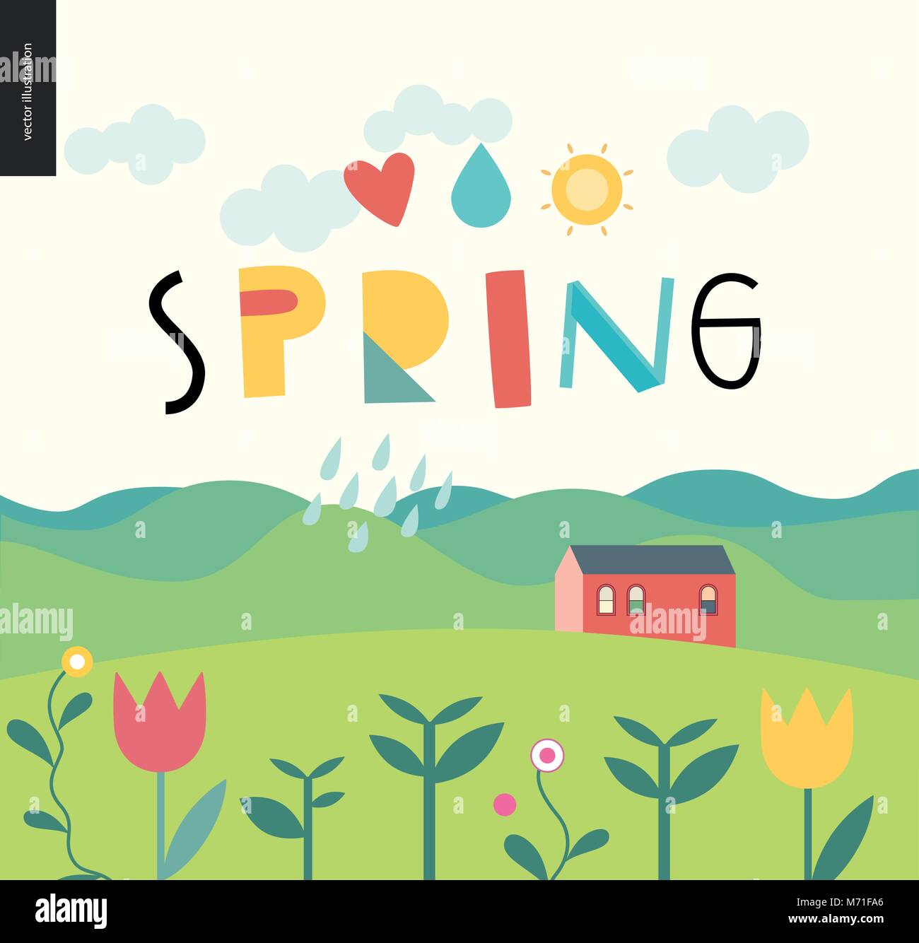 Spring lettering and landcape with hills, house, plants and rain Stock Vector