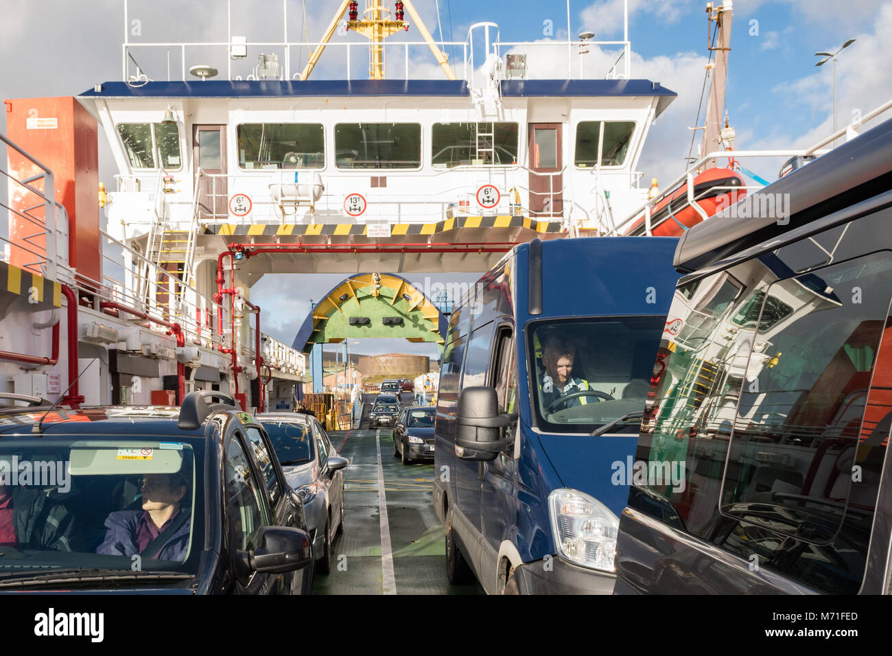 vehicles embarking on Orkney Ferries ferry at Lyness Orkney Ferry Terminal, Hoy, Orkney Islands to travel to Houton on Orkney Mainland, Scotland, UK Stock Photo