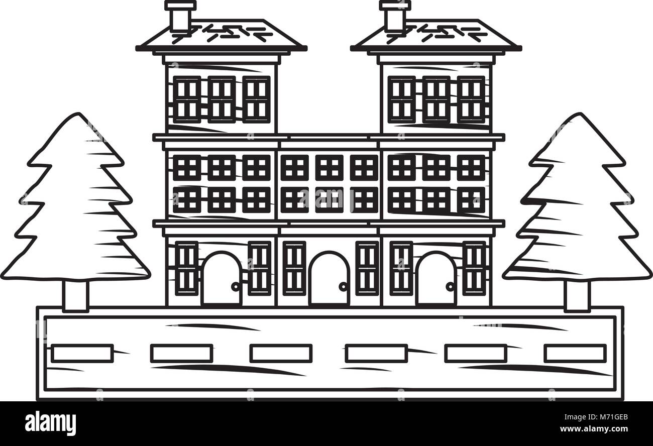 sketch of Street with houses and trees over white background, vector ...