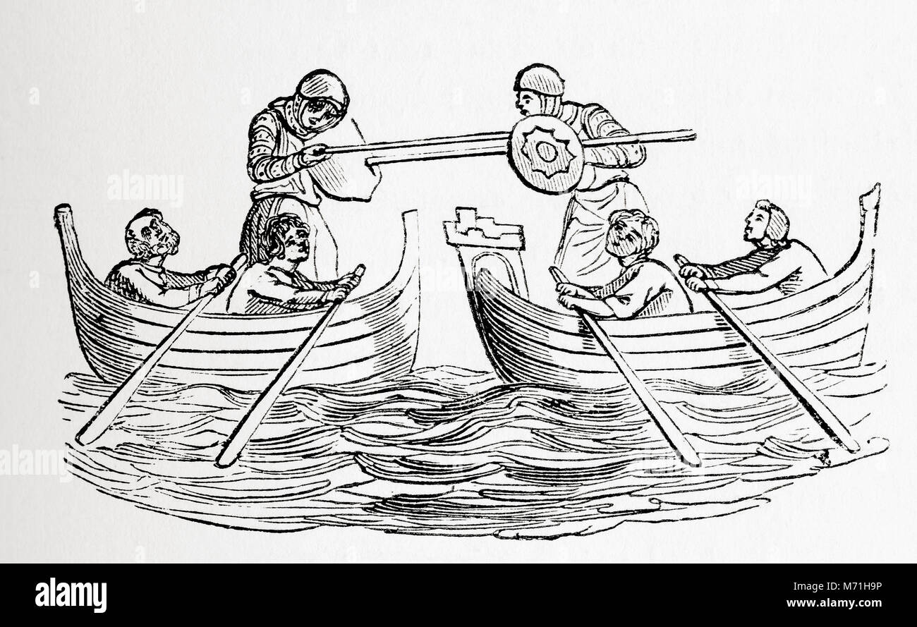 A water tournament in the middle ages.  From Old England: A Pictorial Museum, published 1847. Stock Photo