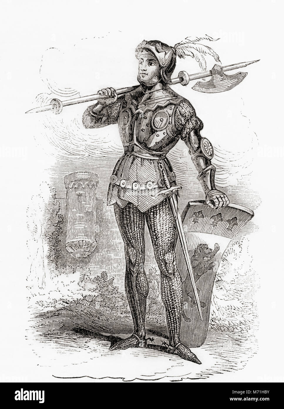 Bertrand du Guesclin in full armour.  Bertrand du Guesclin,c. 1320 –1380, aka The Eagle of Brittany or The Black Dog of Brocéliande.  Breton knight, French military commander during the Hundred Years' War and Constable of France.  From Old England: A Pictorial Museum, published 1847. Stock Photo