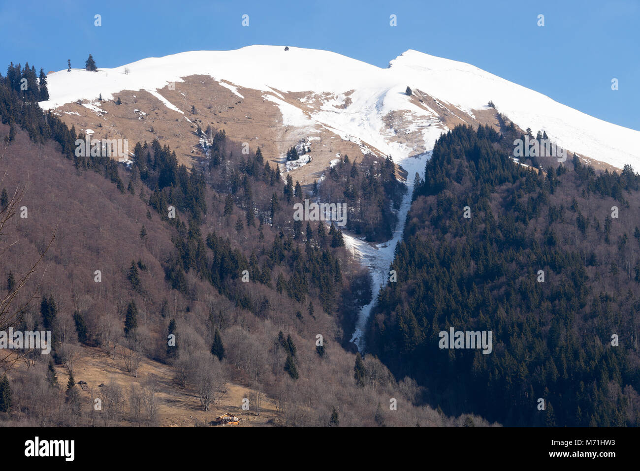 The Beautiful View of the Snow Covered Pointe de Nantaux from Morzine Haute Savoie Portes du Soleil France Stock Photo