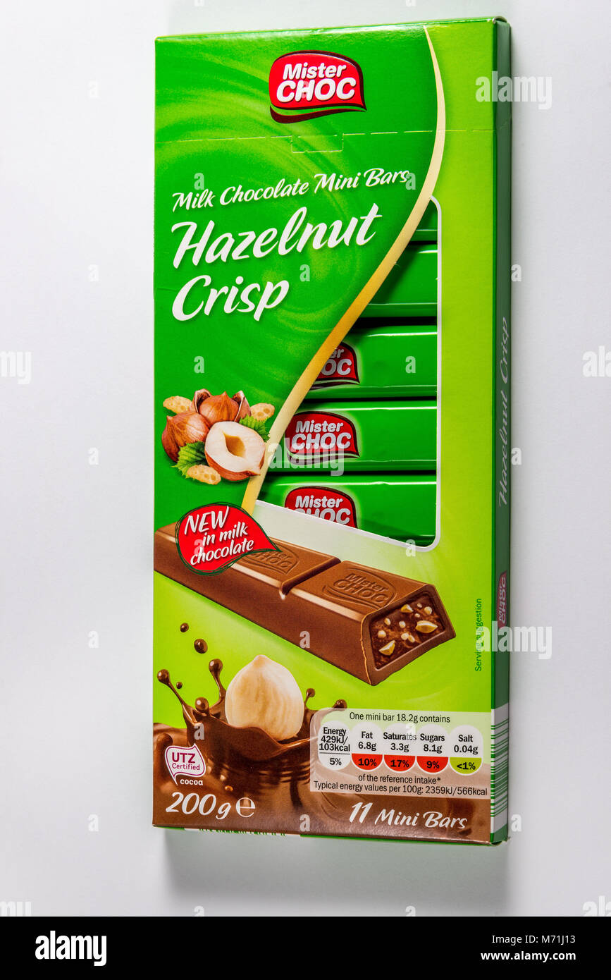A box of lidl mister choc hazelnut crisp chocolate bars on a white