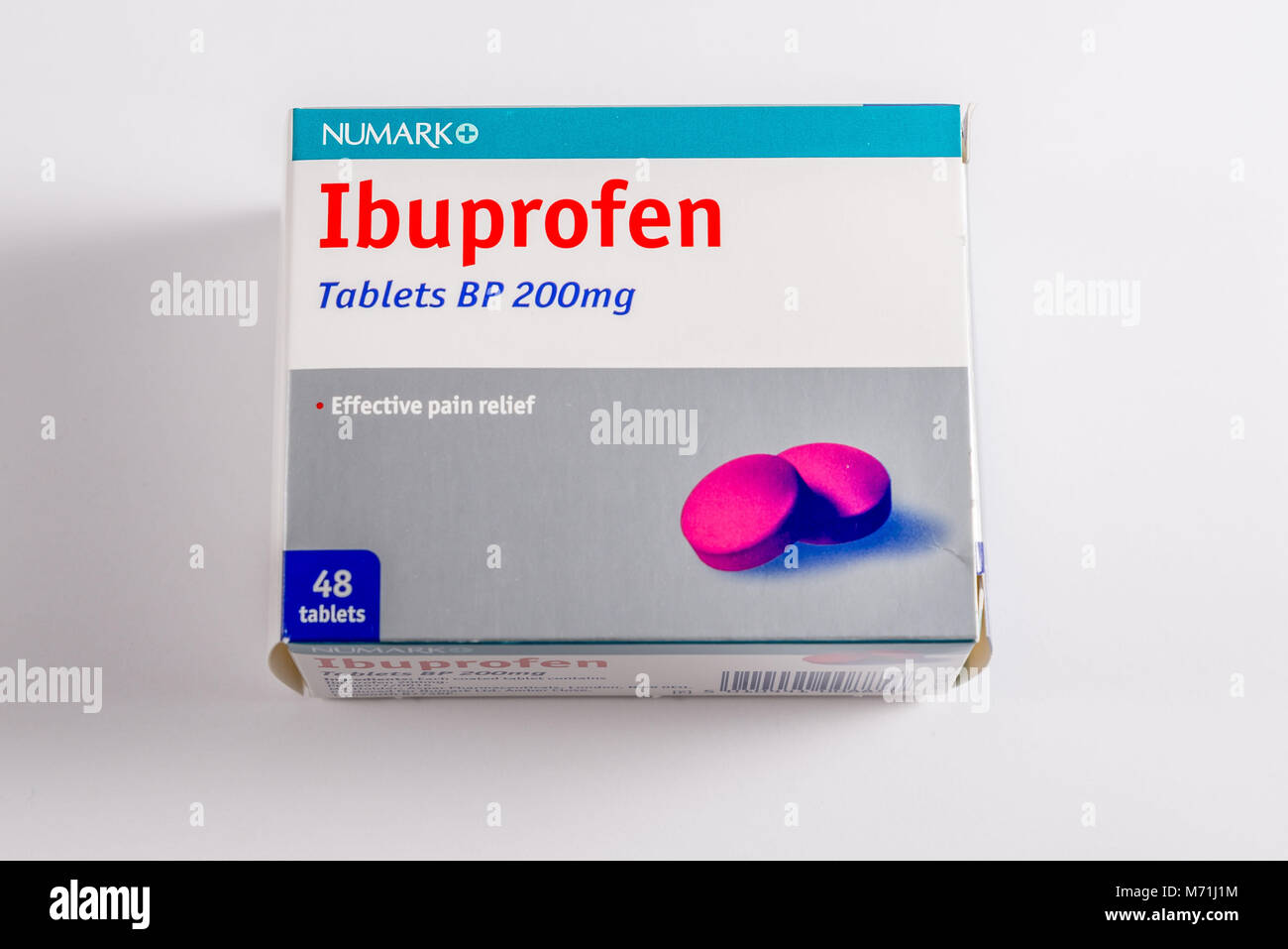 A packet of Numark ibuprofen 200mg tablets on a white background. Stock Photo