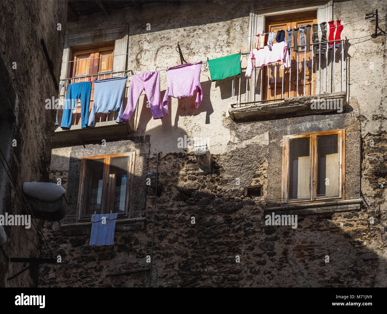 clothes hanging in the sun. Scanno, Abruzzo Stock Photo