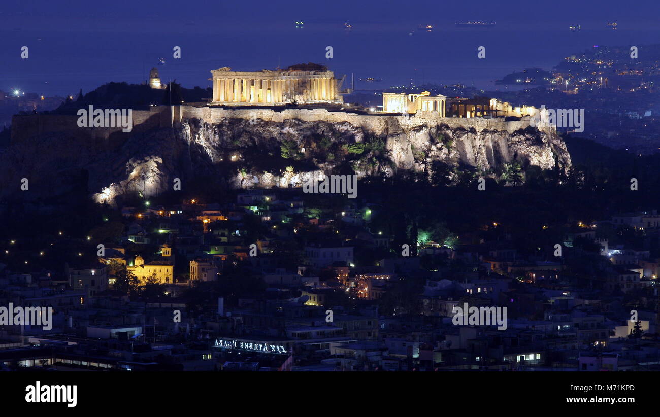 The Acropolis of Athens, taken on the blue hour of the day. Stock Photo