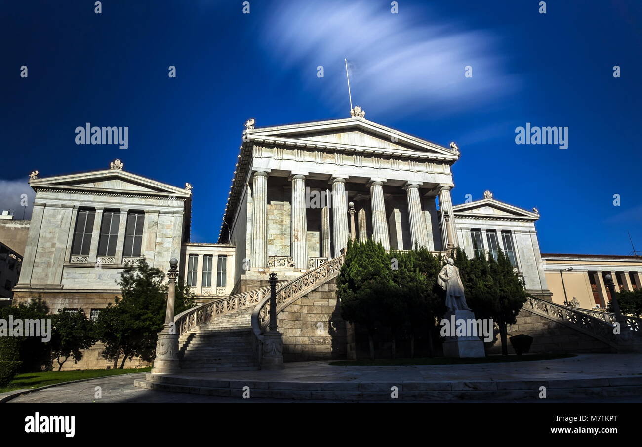 The National Library of Athens taken with a long exposure shot. Stock Photo