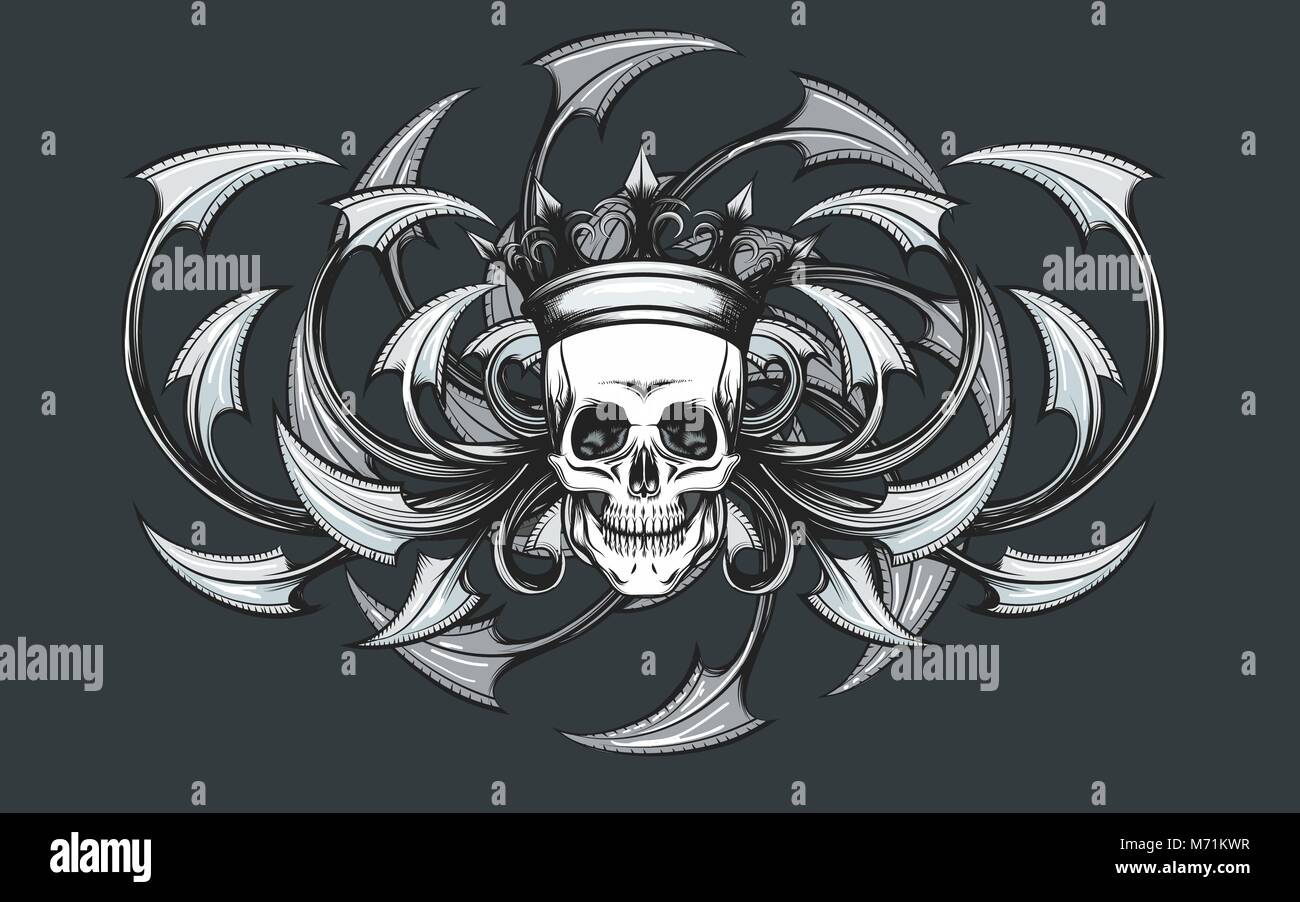 Skull in Crown on a Razor leaves ornament background drawn in tattoo style. Vector illustration Stock Vector