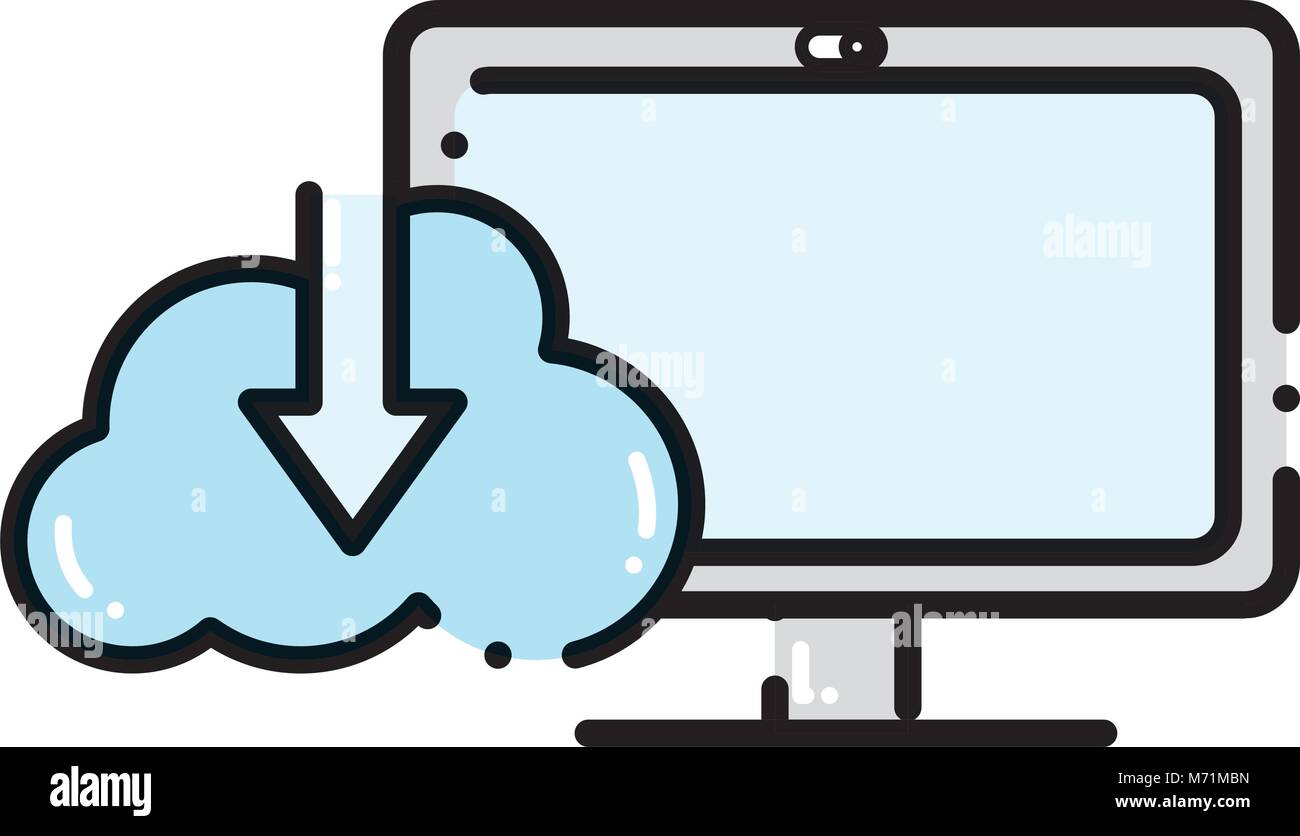 dashed line computer technology with cloud data downloading vector ...