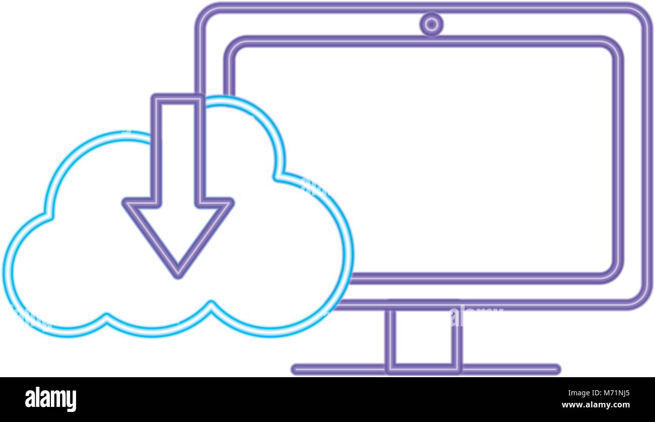 neon line computer technology with cloud data downloading vector ...