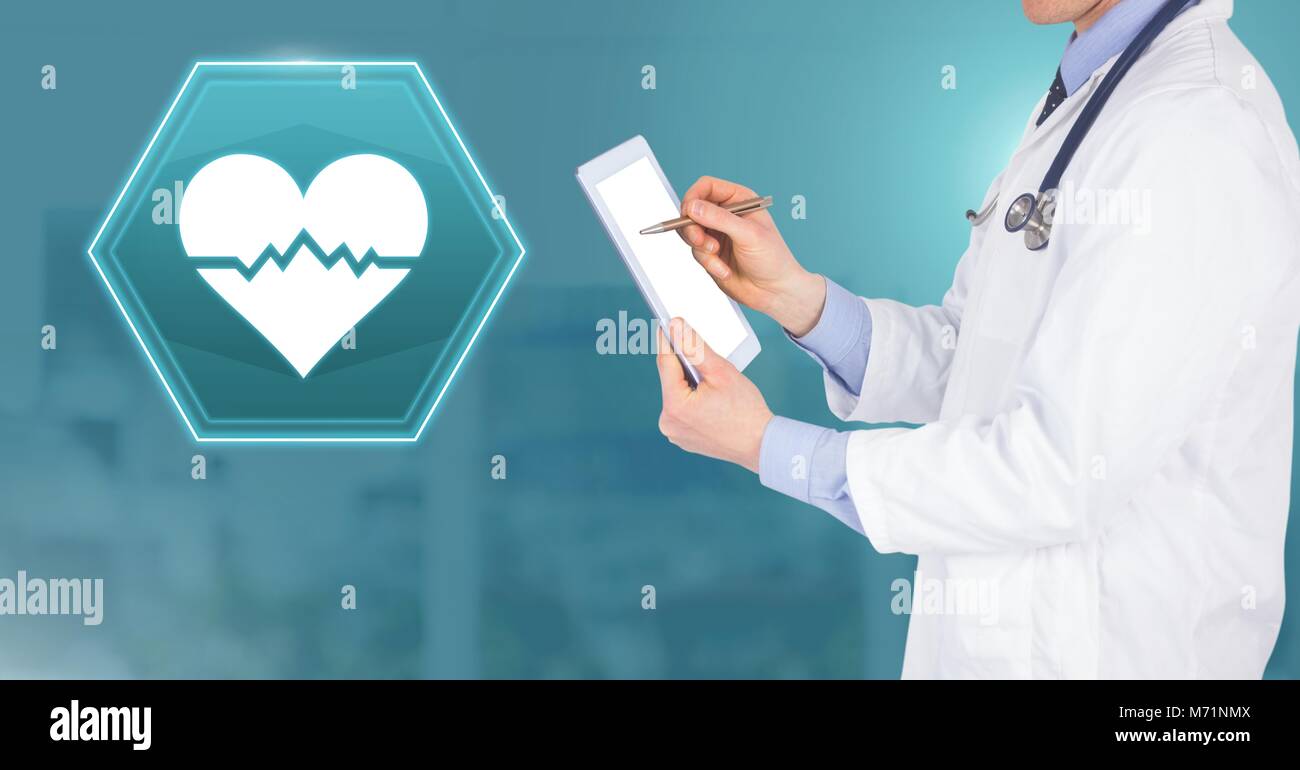 Doctor holding tablet with medical heart bpm rhythm interface hexagon icon Stock Photo