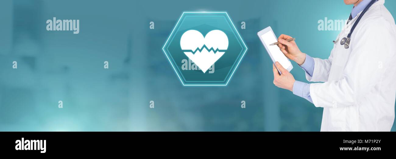 Doctor holding tablet with medical heart bpm rhythm interface hexagon icon Stock Photo