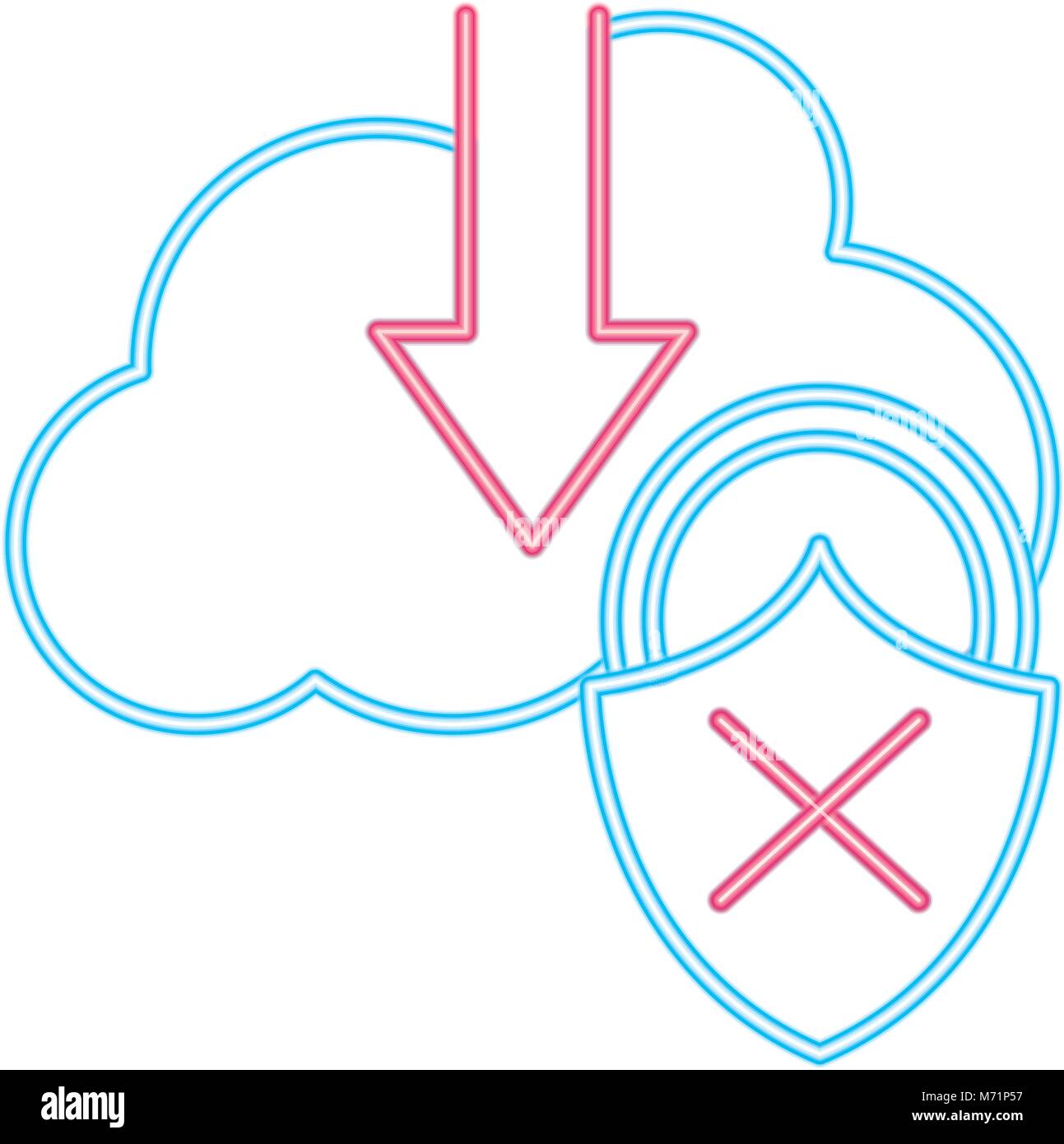neon line cloud data downloading and padlock bad security Stock Vector ...