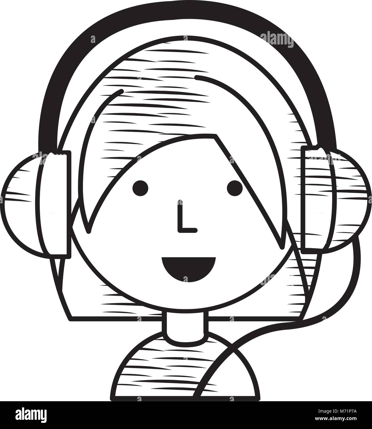 sketch of Cartoon girl with headphones over white background, vector
