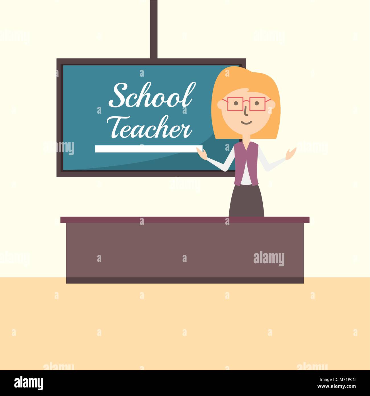 School teacher at the board over white background, colorful design