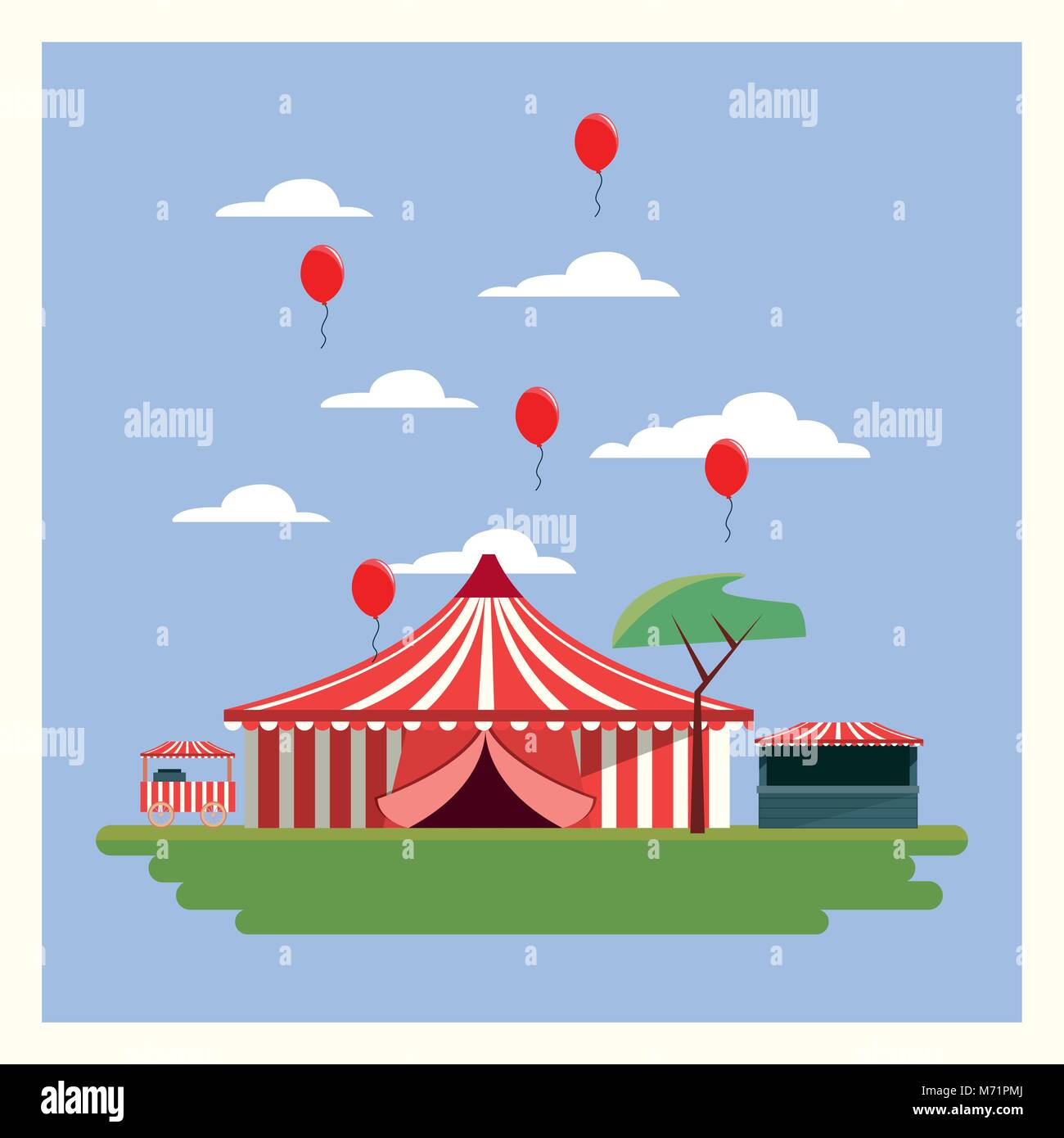 Circus carnival design with tent and red balloons in the air over blue ...