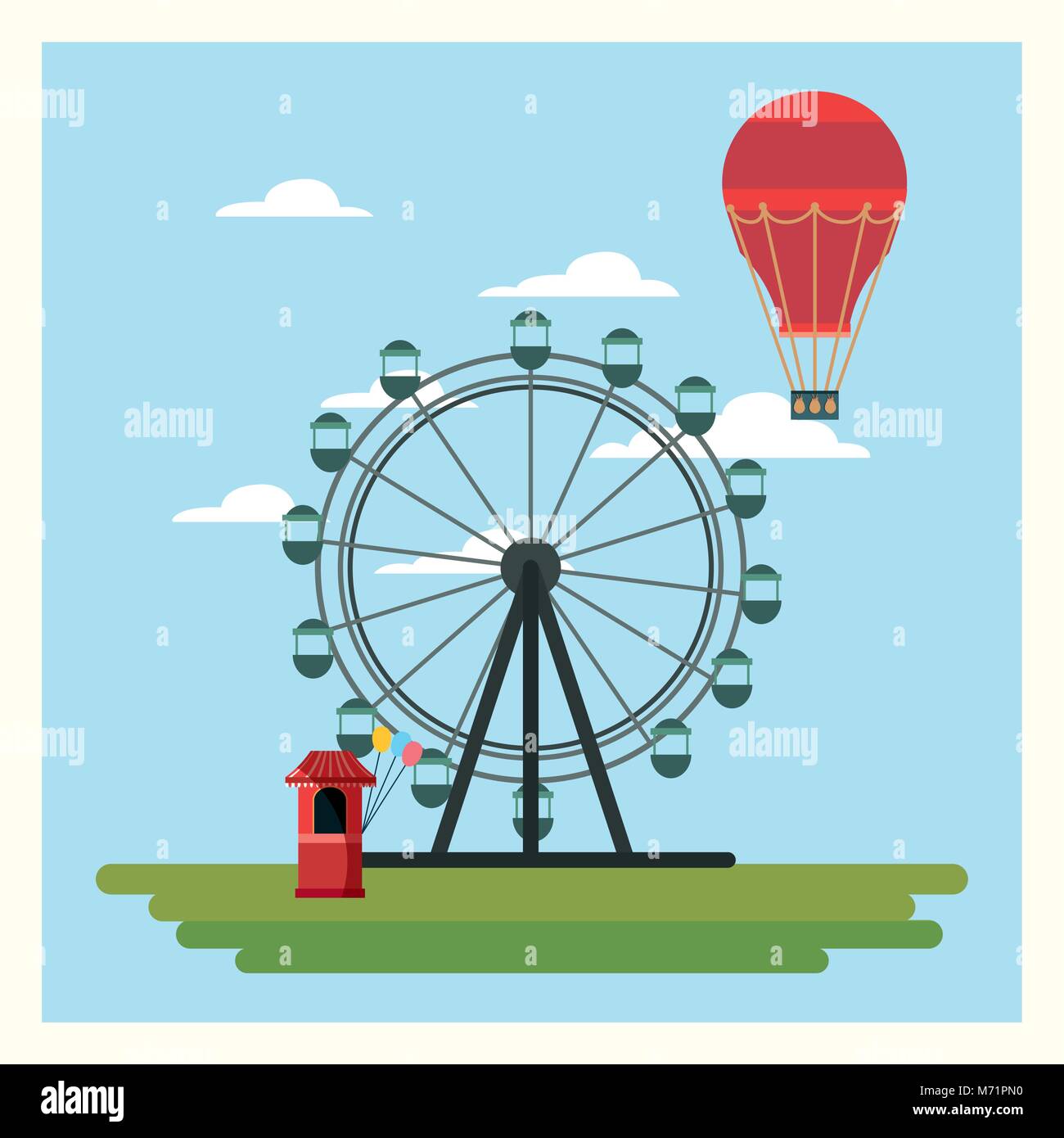 Circus carnival design with fortune wheel and air balloon over blue ...