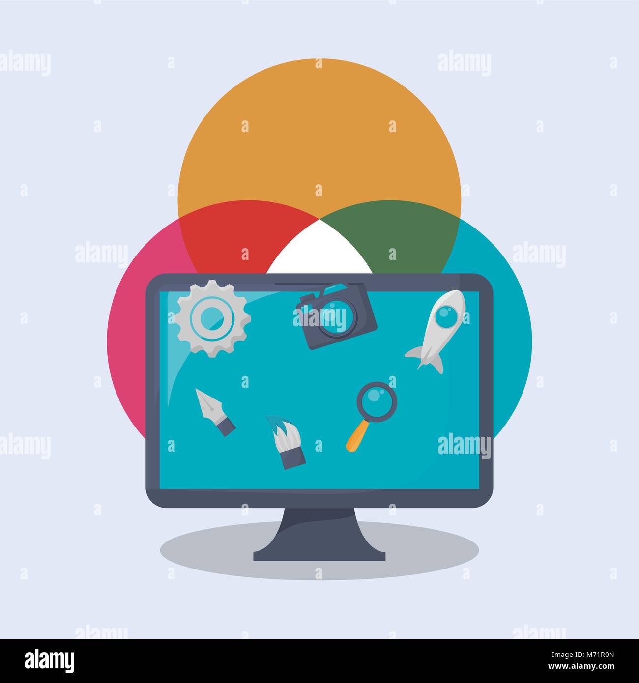 Creative process design with computer and related icons over white ...