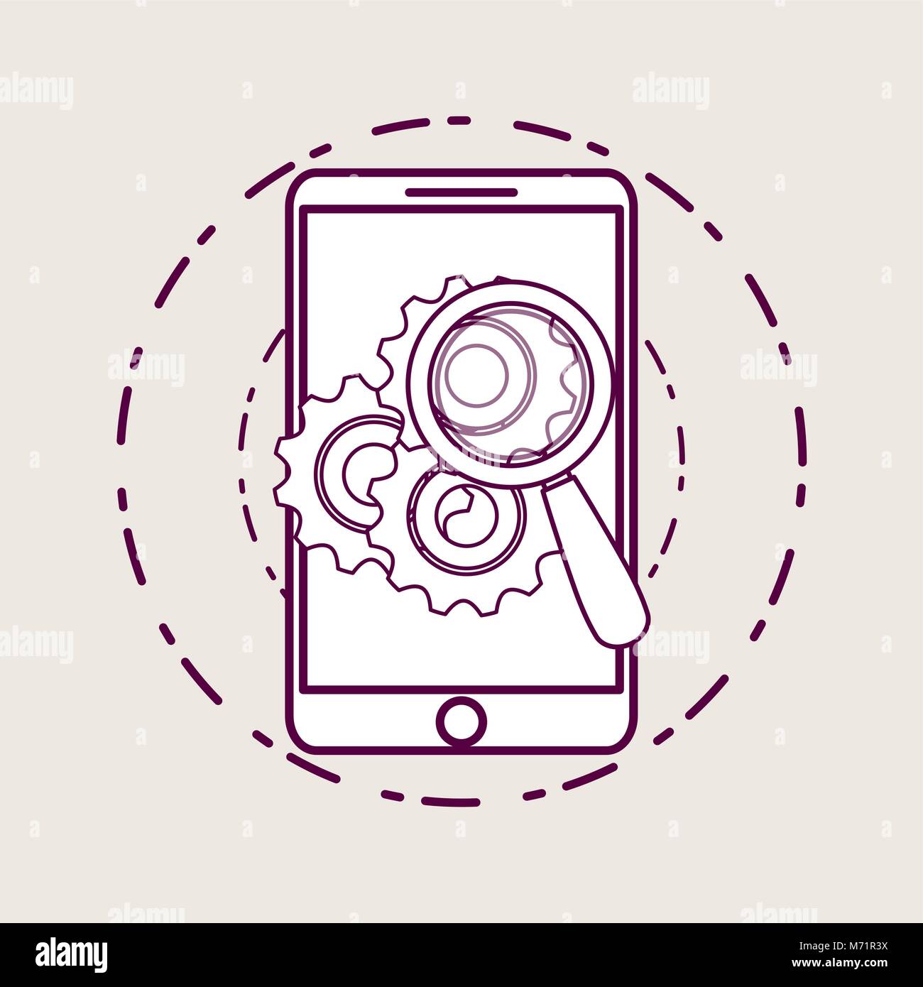 Smartphone and gears with magnifying glass over white background vector ...