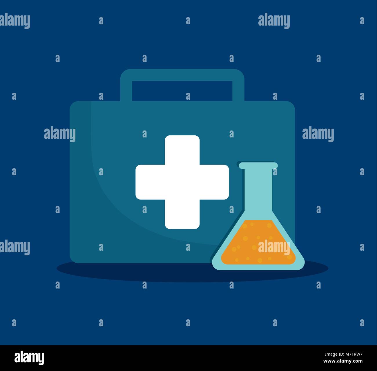 First aid kit and chemical flask icon over blue background vector ...