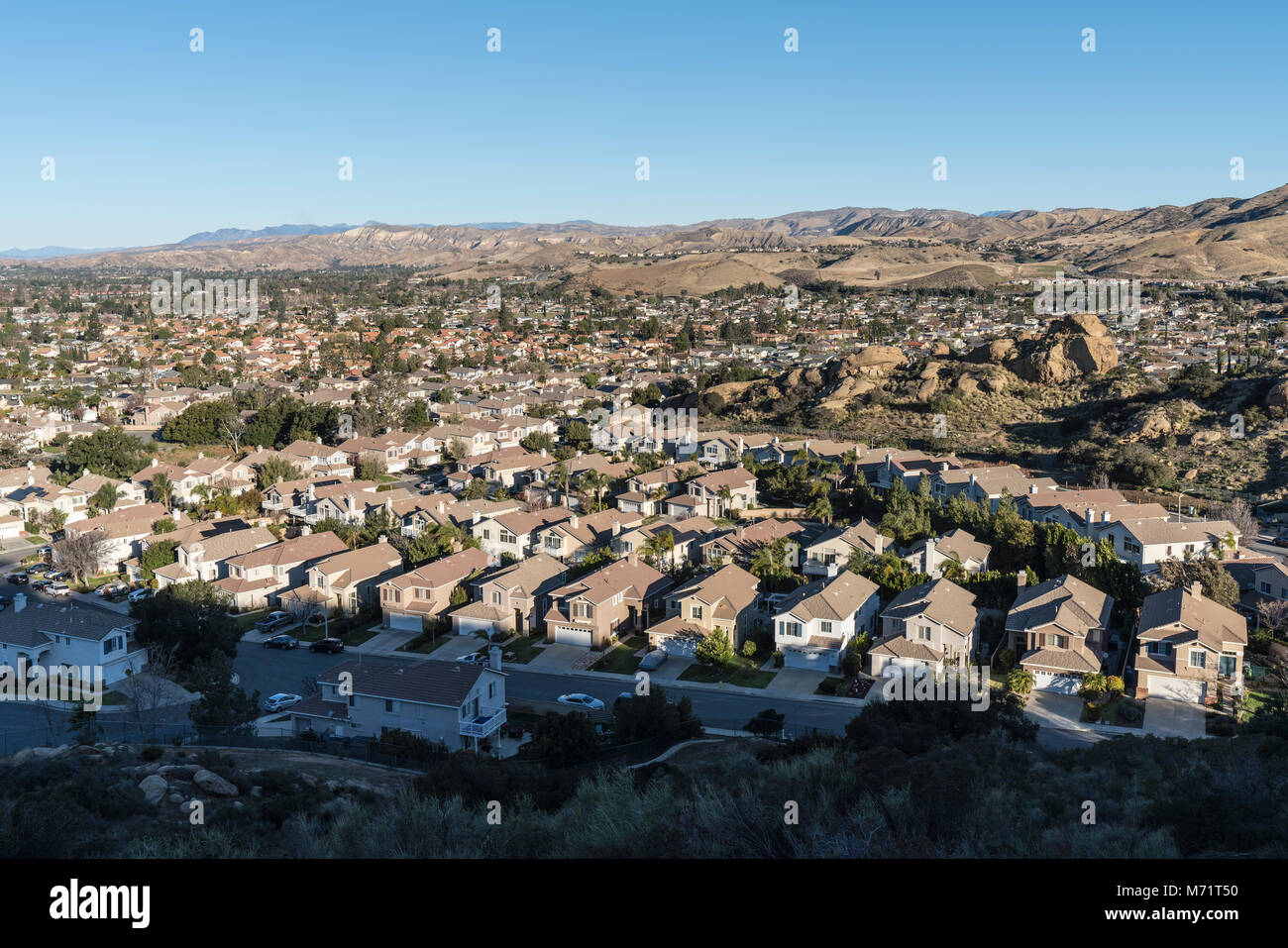 Hilltop view of single family homes in the Los Angeles suburb of Simi Valley in Ventura County