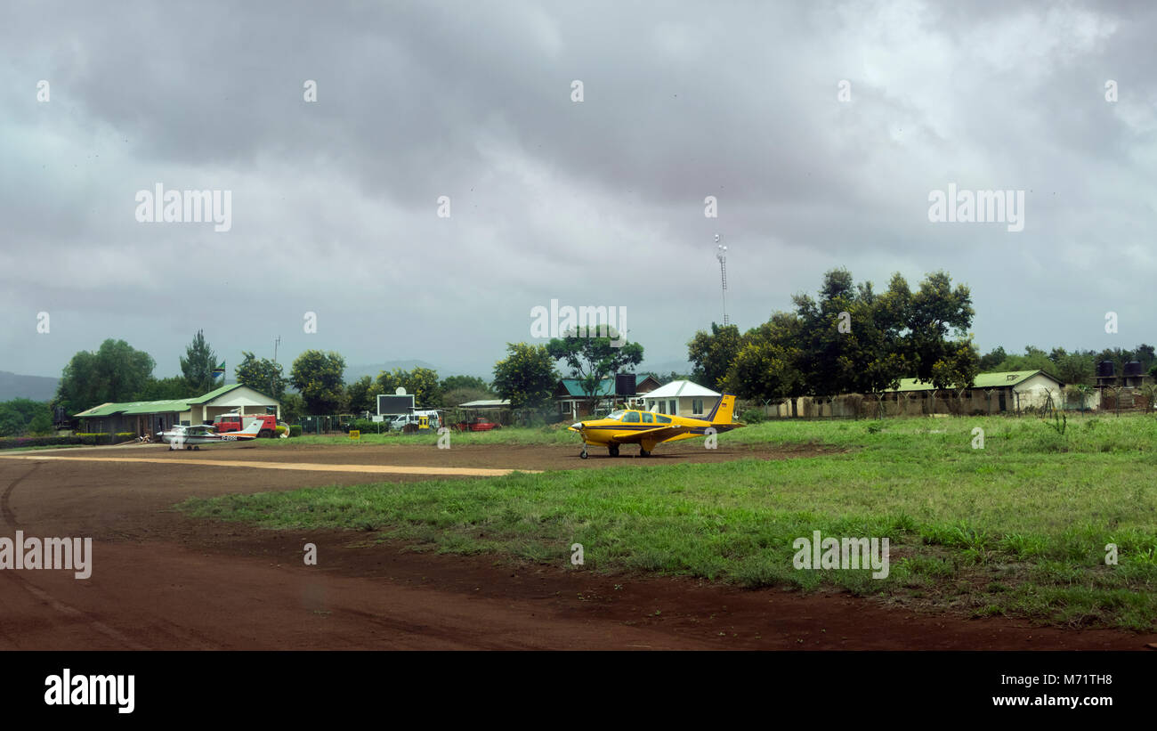 Lake Manyara airport, with two small Cessnas on the ground, Manyara, Tanzania Stock Photo