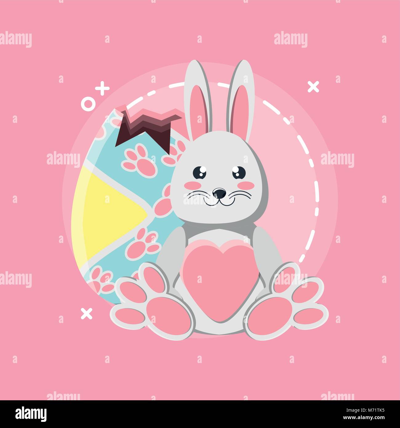 Cute bunny with colorful broken easter egg over pink background ...