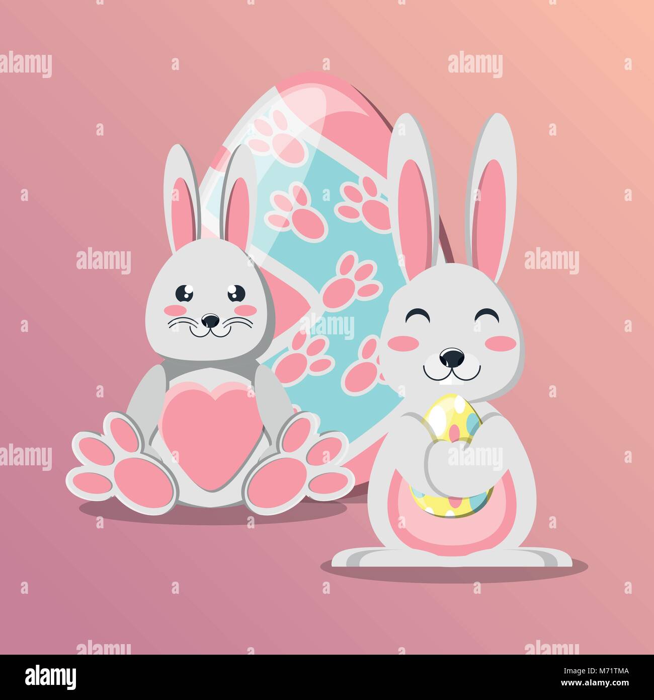 Cute rabbits with colorful easter egg over pink background, colorful ...