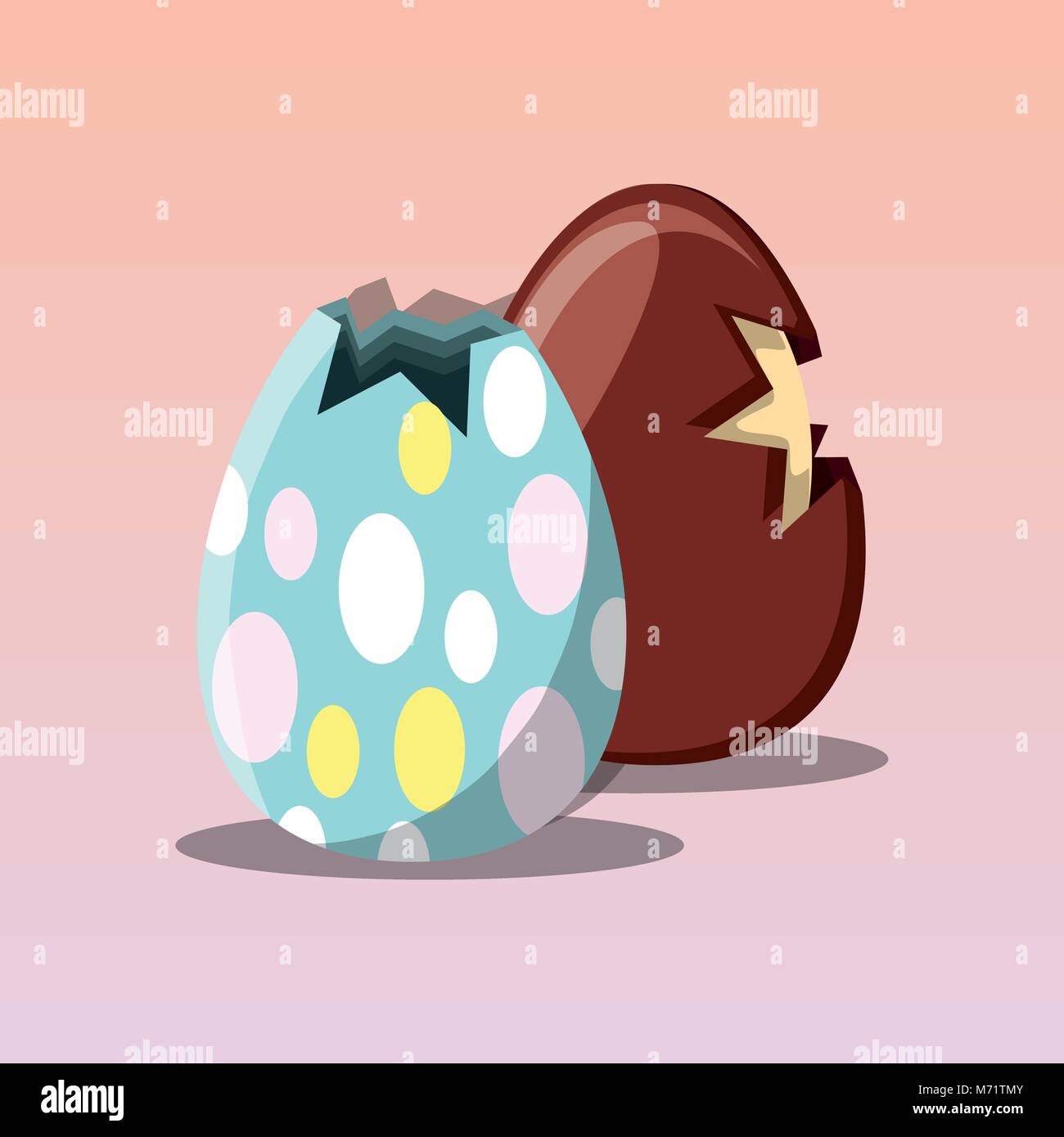 broken easter egg and chocolate egg over pink background, vector ...