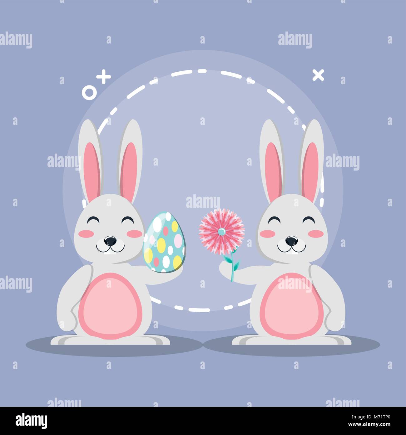 Cute rabbits with easter egg and flower over purple background ...