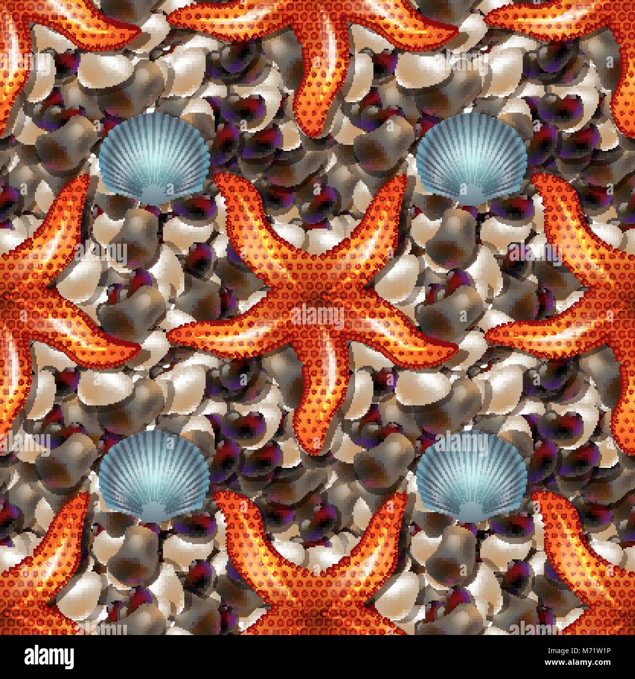 Ocean shore with colored sea stones. Sea pebble with shells and sea ...