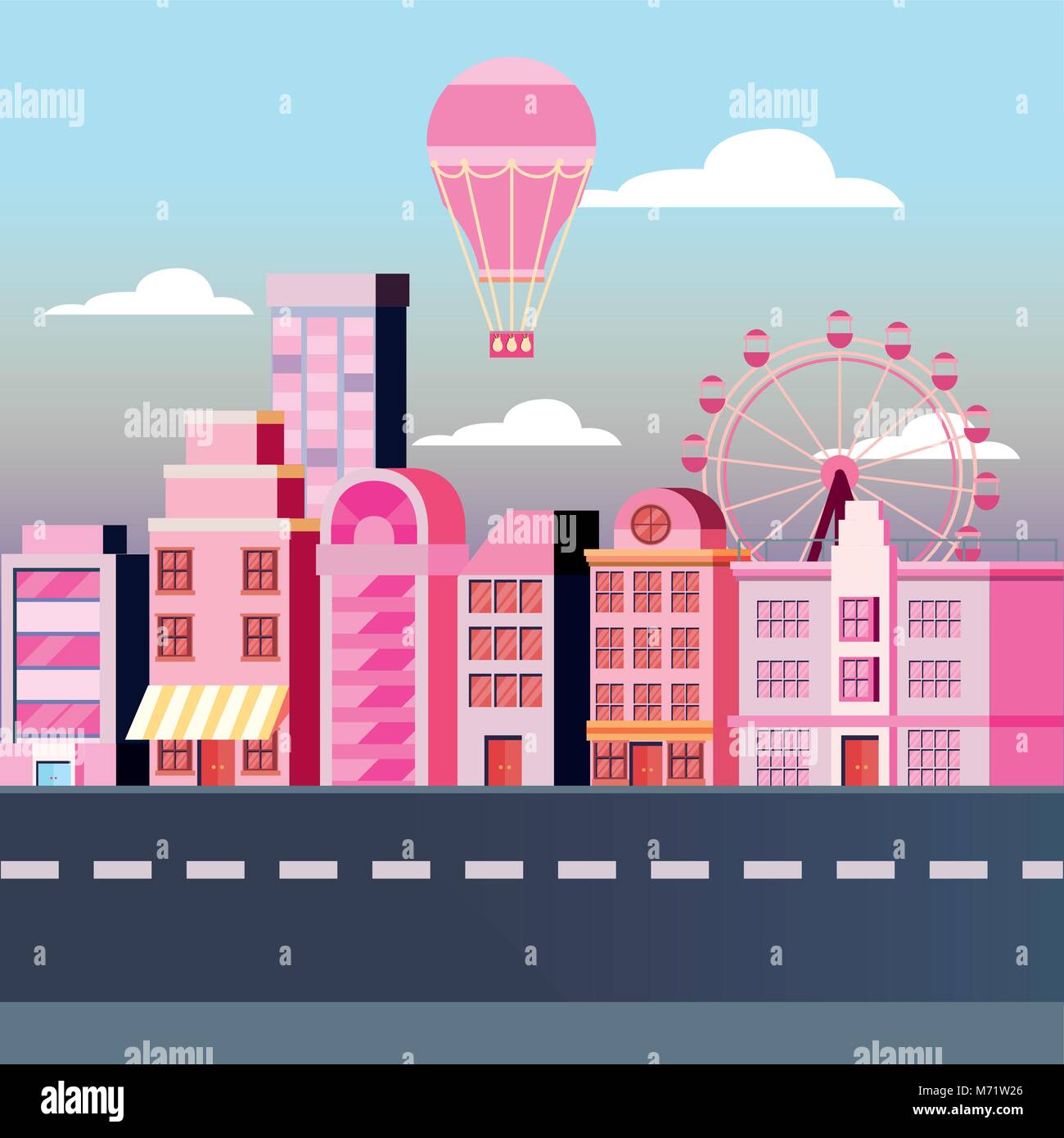 Old retro design of city buildings landscape with hot air balloon and ...