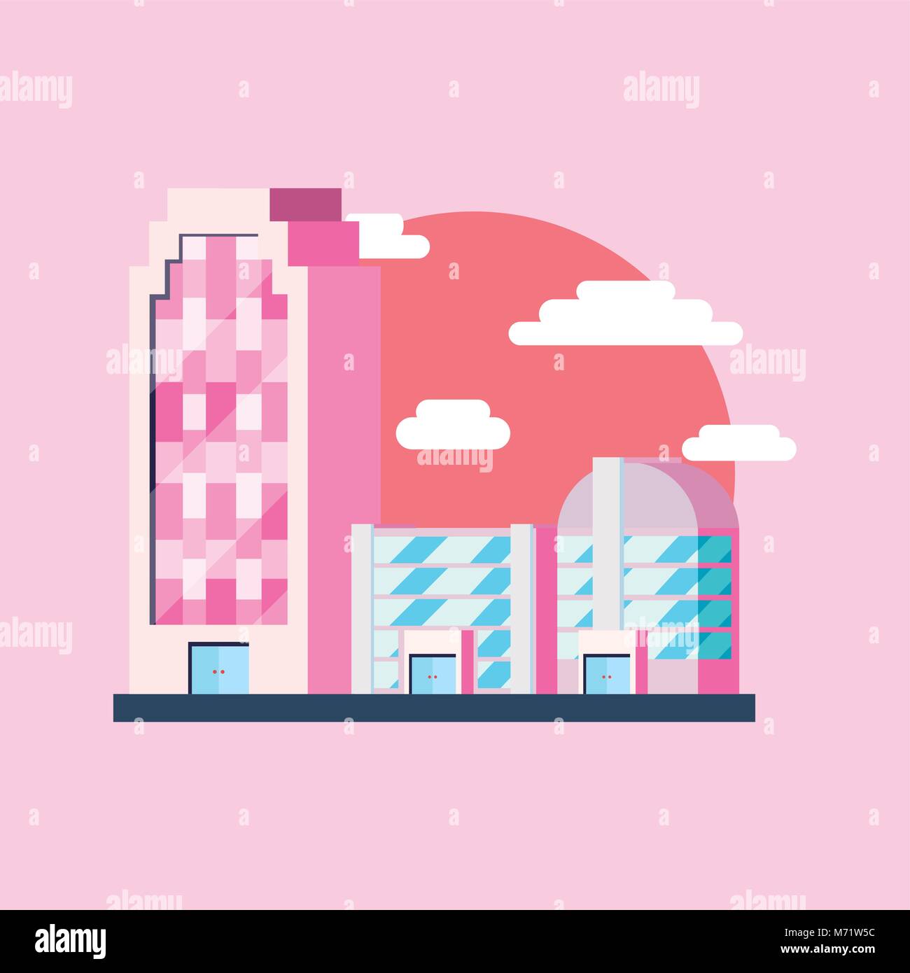 urban city design with city buildings and sun over pink background ...