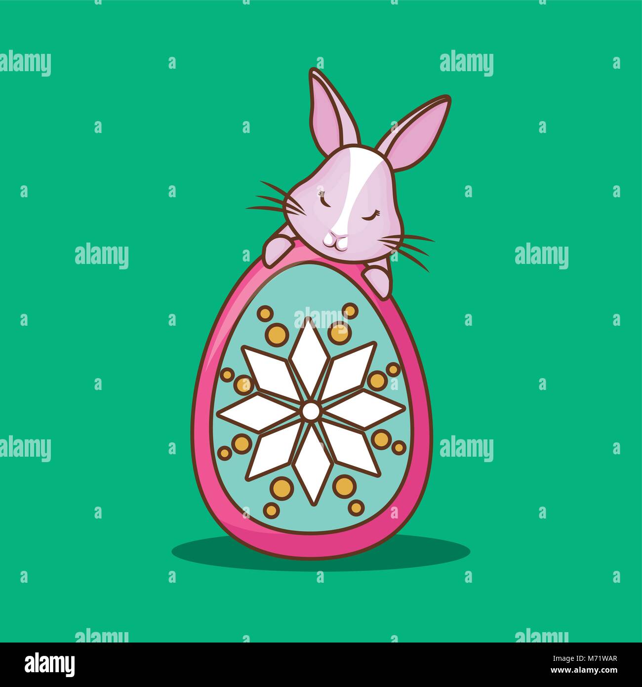 Colorful easter egg and cute bunny over green background, colorful ...