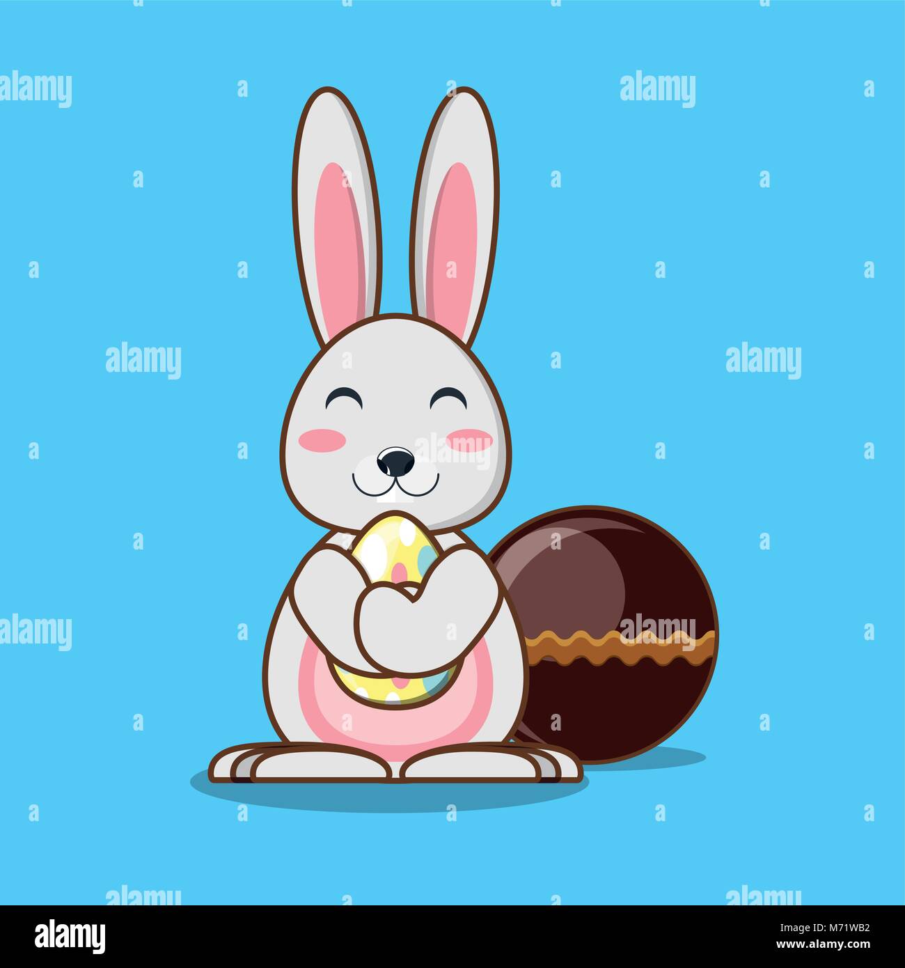 Cute bunny with chocolate candy and easter egg over blue background ...