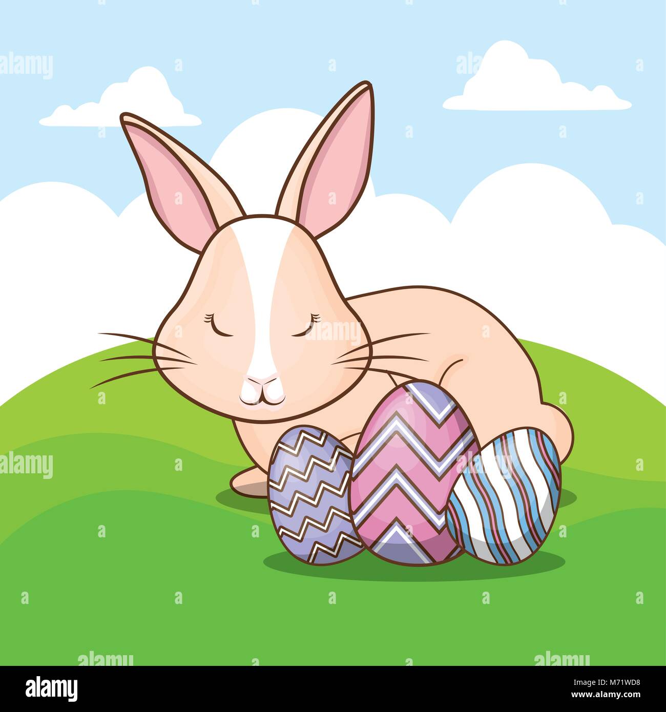 Happy easter design with cute bunny and easter eggs over landscape ...