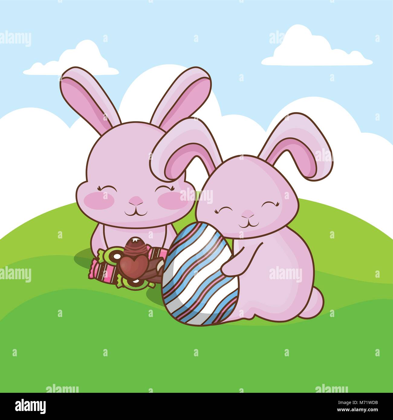 Happy easter design with cute bunny and easter egg over landscape ...