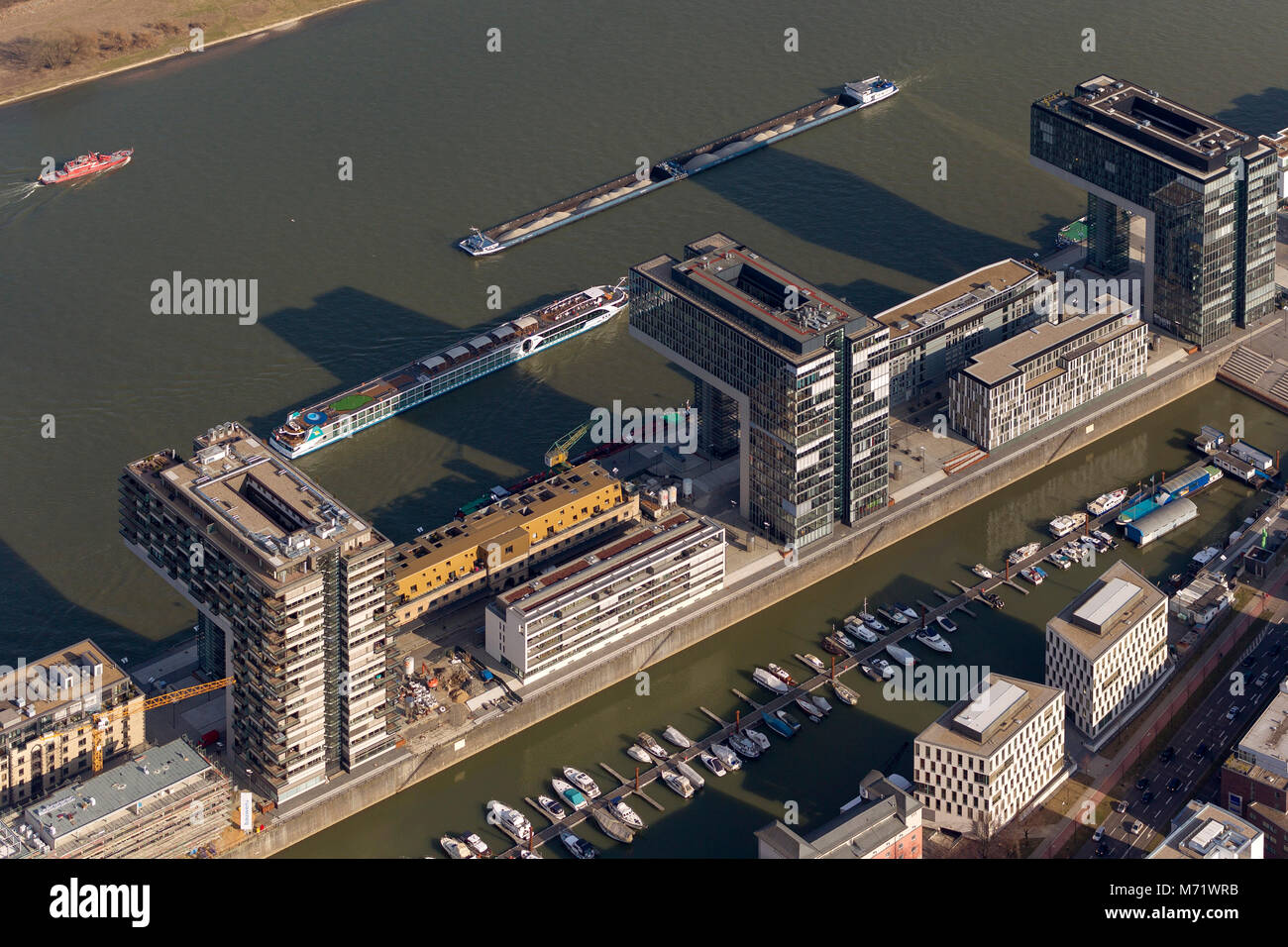 Aerial view, Kranhäuser 'Crane House South,' 'Kranhaus one' and 'crane house north', the Rhine, the Rhine, Aachen architect Alfons Linster and the Ham Stock Photo