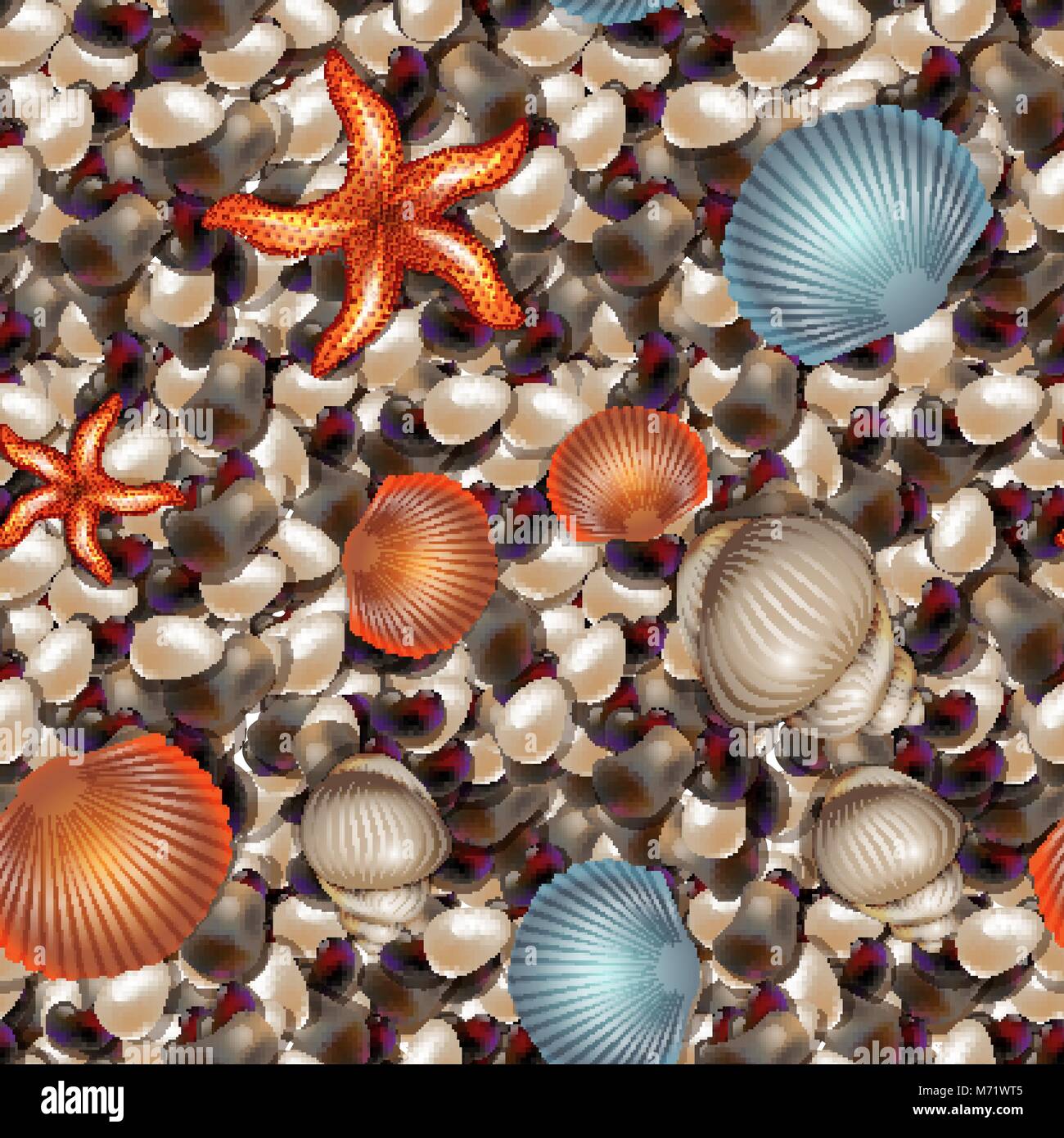 Sea pebble with shells and sea star of different shapes. Seamless pattern. 10 eps Stock Vector