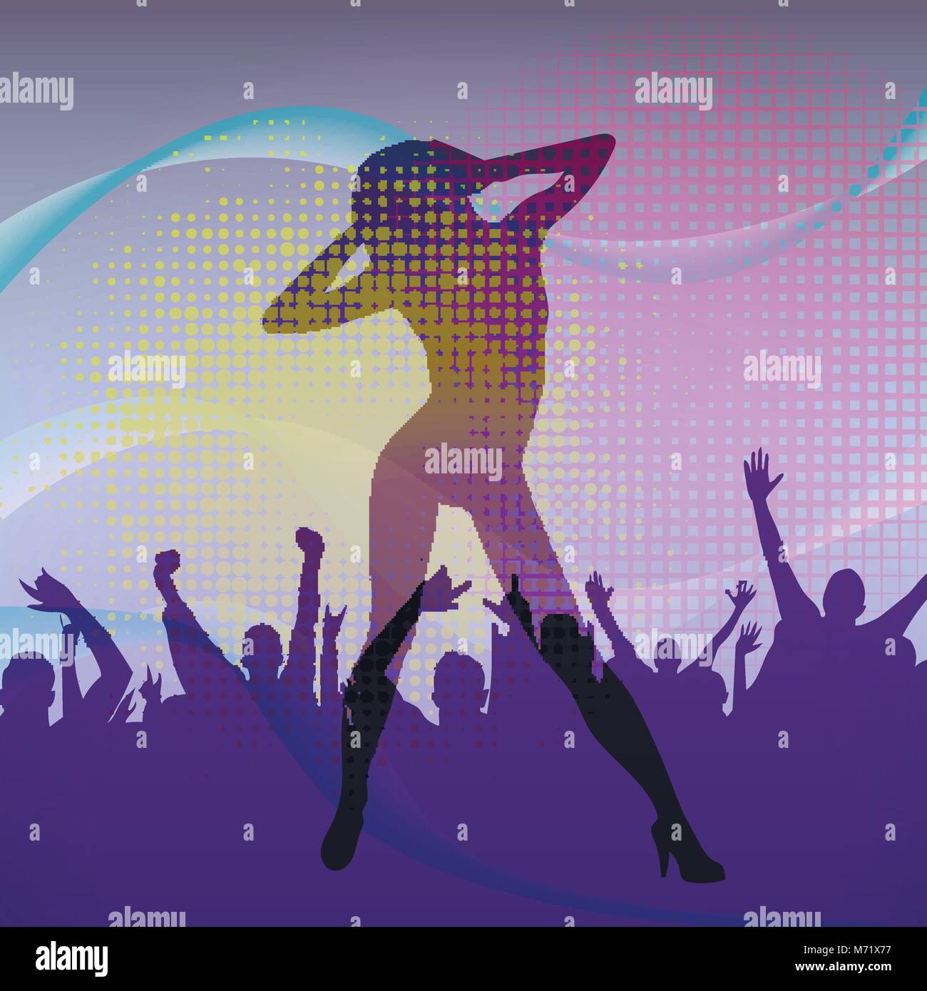 The dancing girl silhouette in nightclub with dancing crowd. Vector illustration. Stock Vector