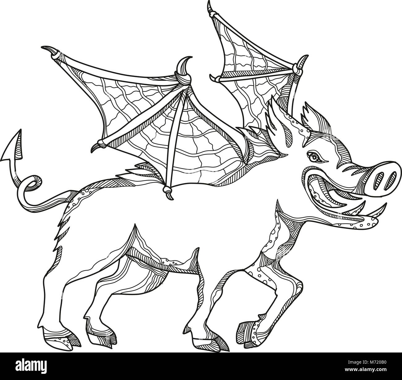 Doodle art illustration of a winged wild boar, swine, pig ,wild swine Eurasian wild pig, hog or Sus scrofa with bat wings done in black and white mand Stock Vector