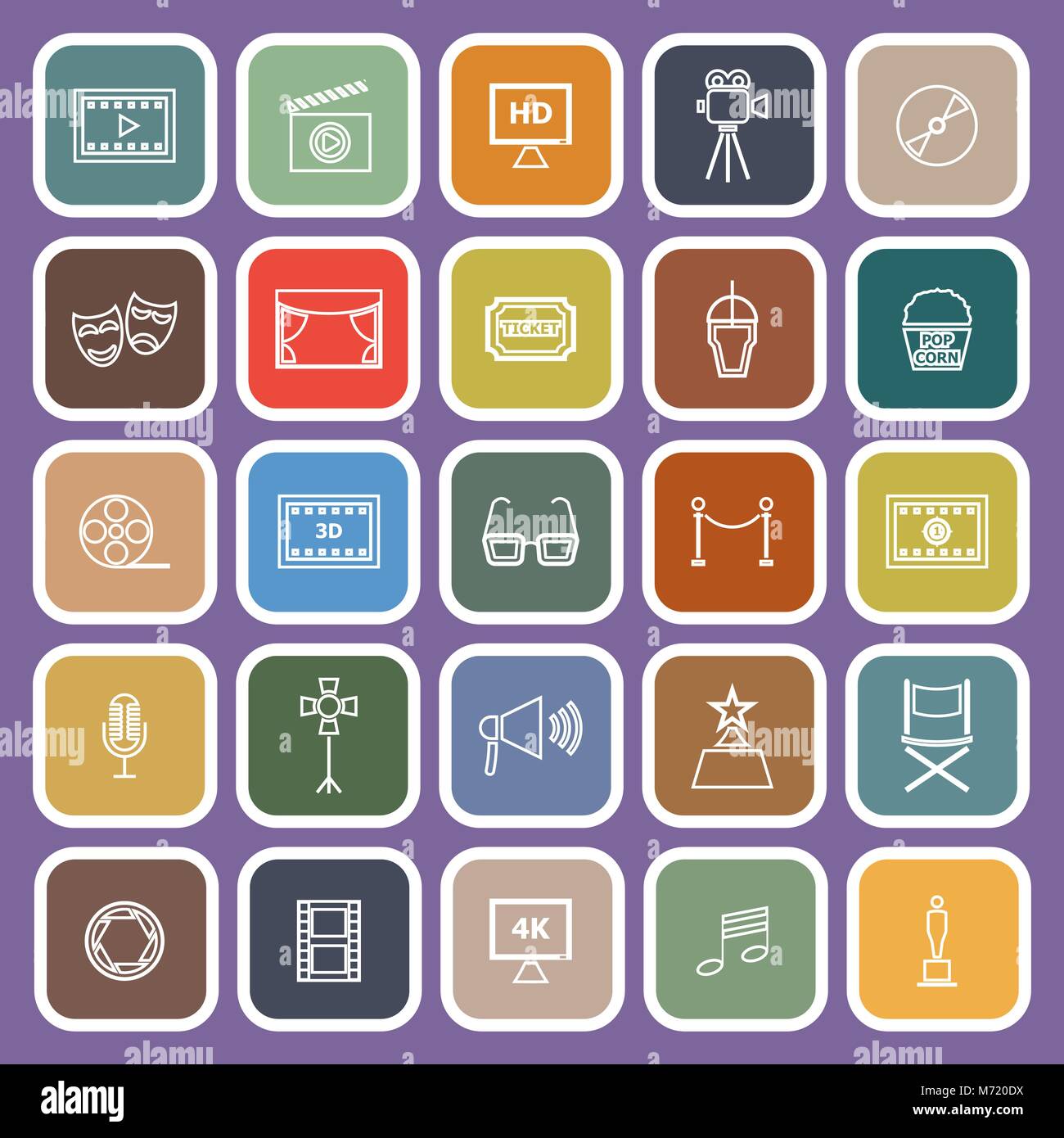 Movie line flat icons on purple background, stock vector Stock Vector ...