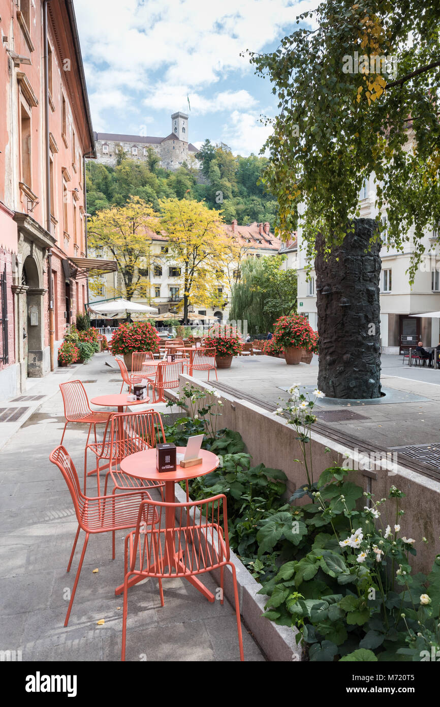 Table and Chairs at Cafe, Dvorni Trg, Ljubljana, Slovenia Stock Photo
