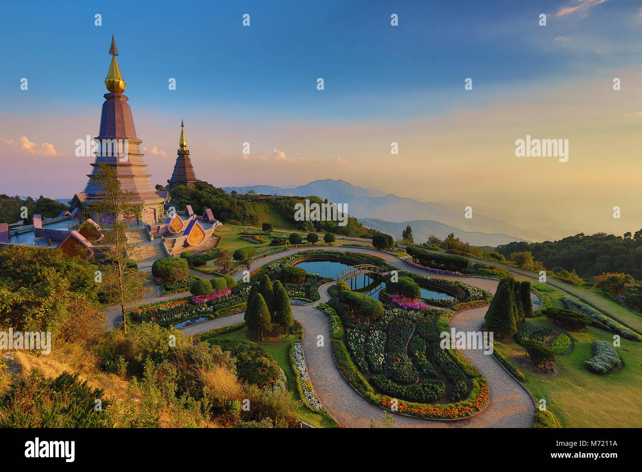 Beautiful sunset landscape at two pagoda, Doi Inthanon National Park, Chiang mai, Thailand. Stock Photo