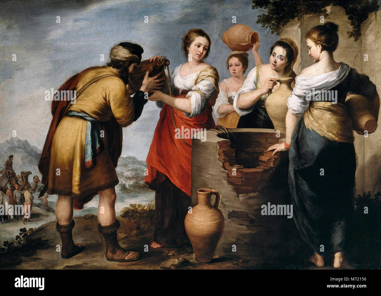 Rebecca, future wife of the Hebrew patriarch Isaac, talking with Eliezer, who was a servant of his future father-in-law Abraham, by the well. Bartolome Esteban Murillo, circa 1660 Stock Photo