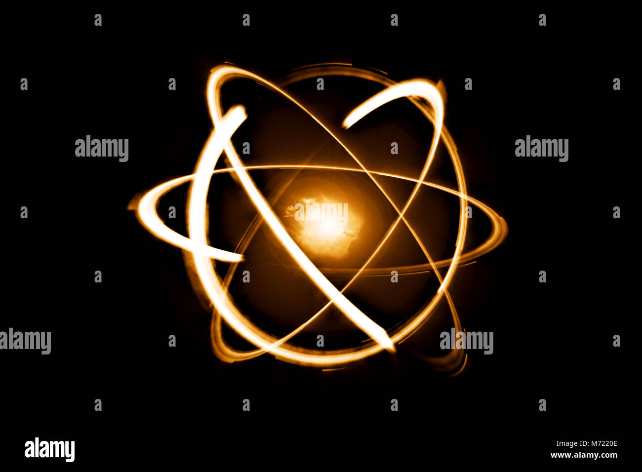 Quantum computer technology concept. Science yellow shining cosmic atom nuclear on black background. Stock Photo