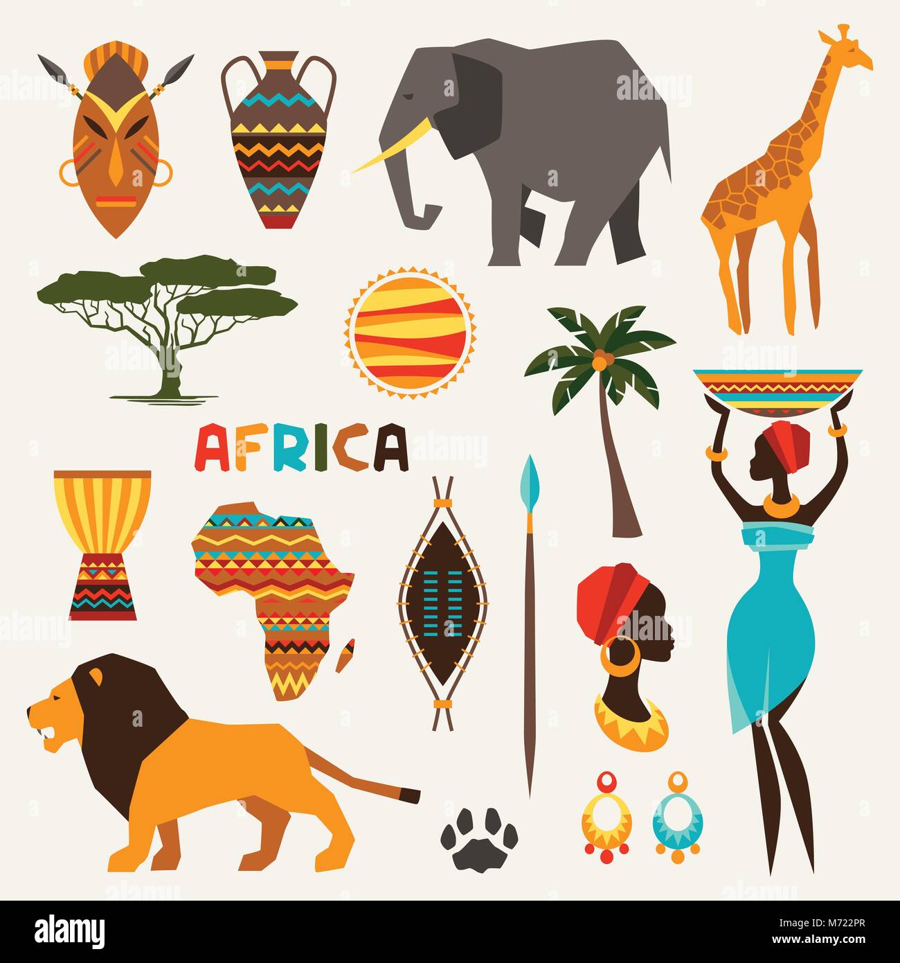 Set of african ethnic style icons in flat style Stock Vector