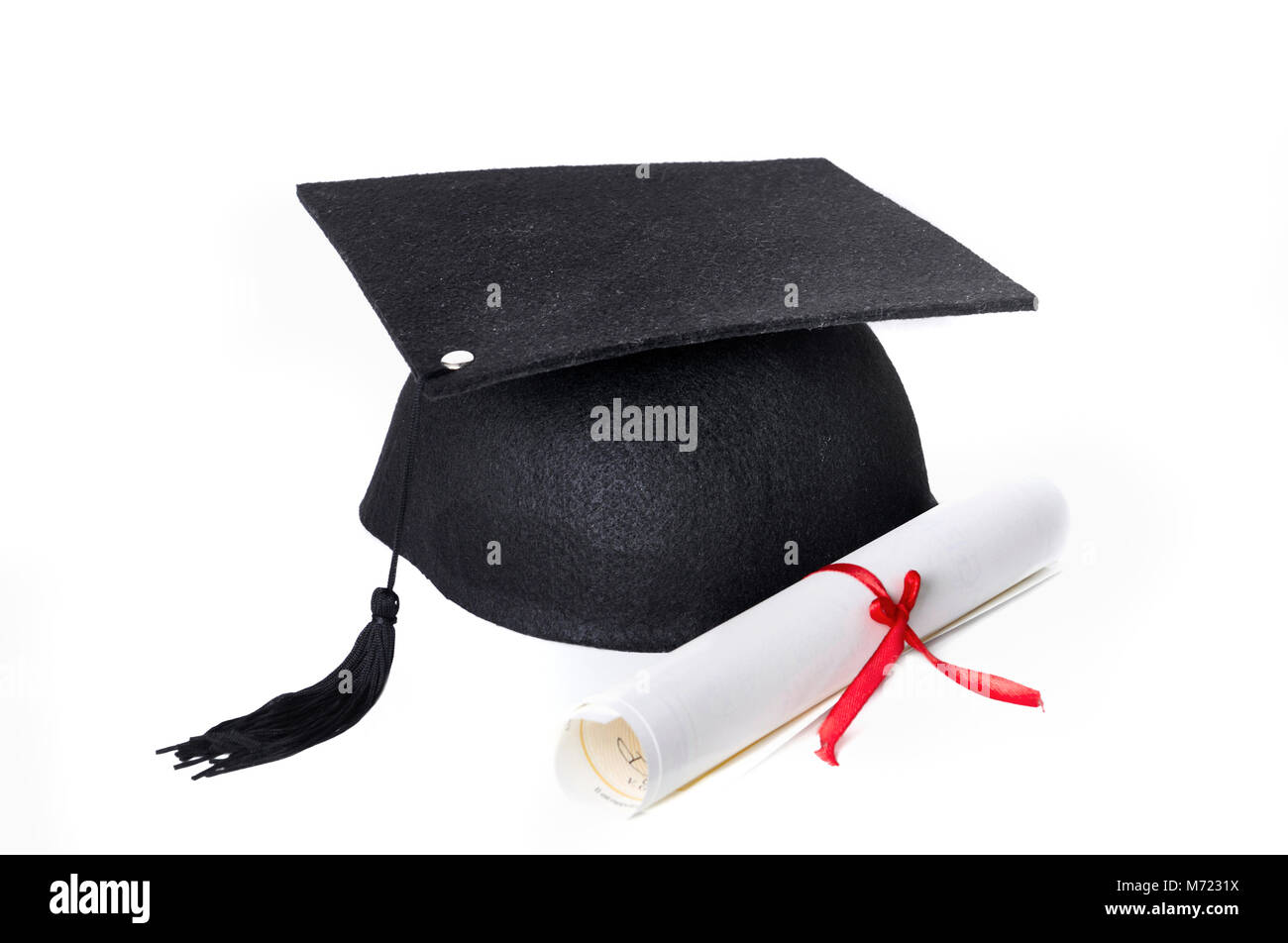 Graduate rolled up in a red ribbon and a black hat on white background ...