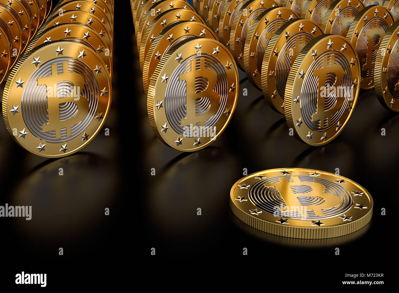 Rows of golden Bitcoins on a glossy underground - background or headline image for Articles, Blogs etc. Stock Photo